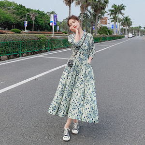 扎染碎花连衣裙女夏韩版收腰显瘦气质轻熟风御姐小清新法式长裙图片