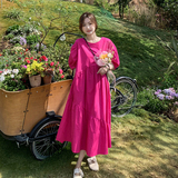 法式火龙果色泡泡袖连衣裙女夏2025新款温柔风绝美宽松初恋系长裙，女装连衣裙，浙宝266