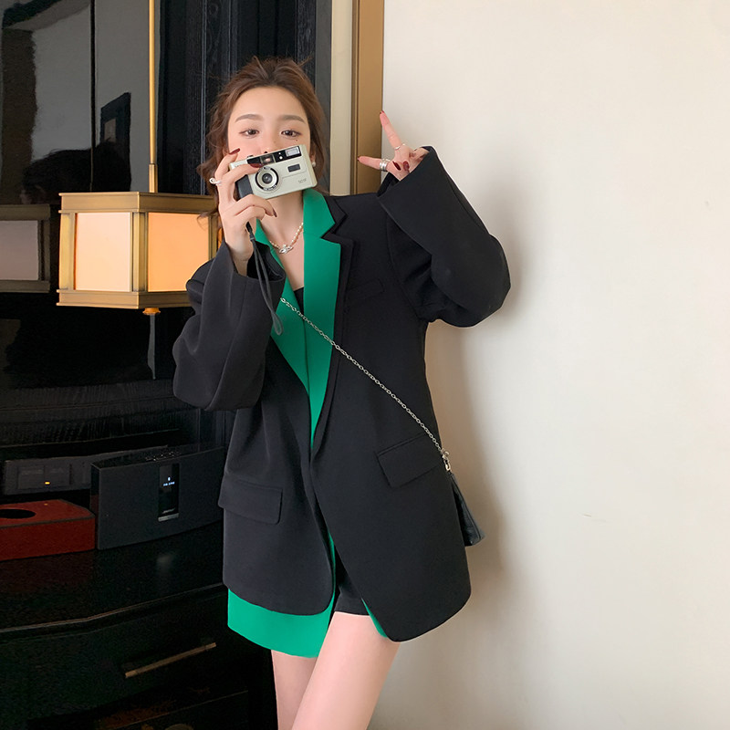 韩系设计感假两件西装外套女春秋超火好看高级小众时尚短夹克上衣,女装西装,浙宝266