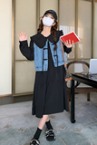 娃娃领黑色连衣裙女2025春季新款韩版时尚宽松牛仔马甲长裙两件套，女装套装/套裙，浙宝266