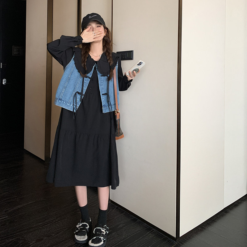 娃娃领黑色连衣裙女2025春季新款韩版时尚宽松牛仔马甲长裙两件套,女装套装/套裙,浙宝266