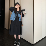 娃娃领黑色连衣裙女2025春季新款韩版时尚宽松牛仔马甲长裙两件套，女装套装/套裙，浙宝266
