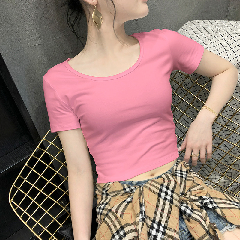 夏季短款露脐网红短袖T恤女粉色T恤