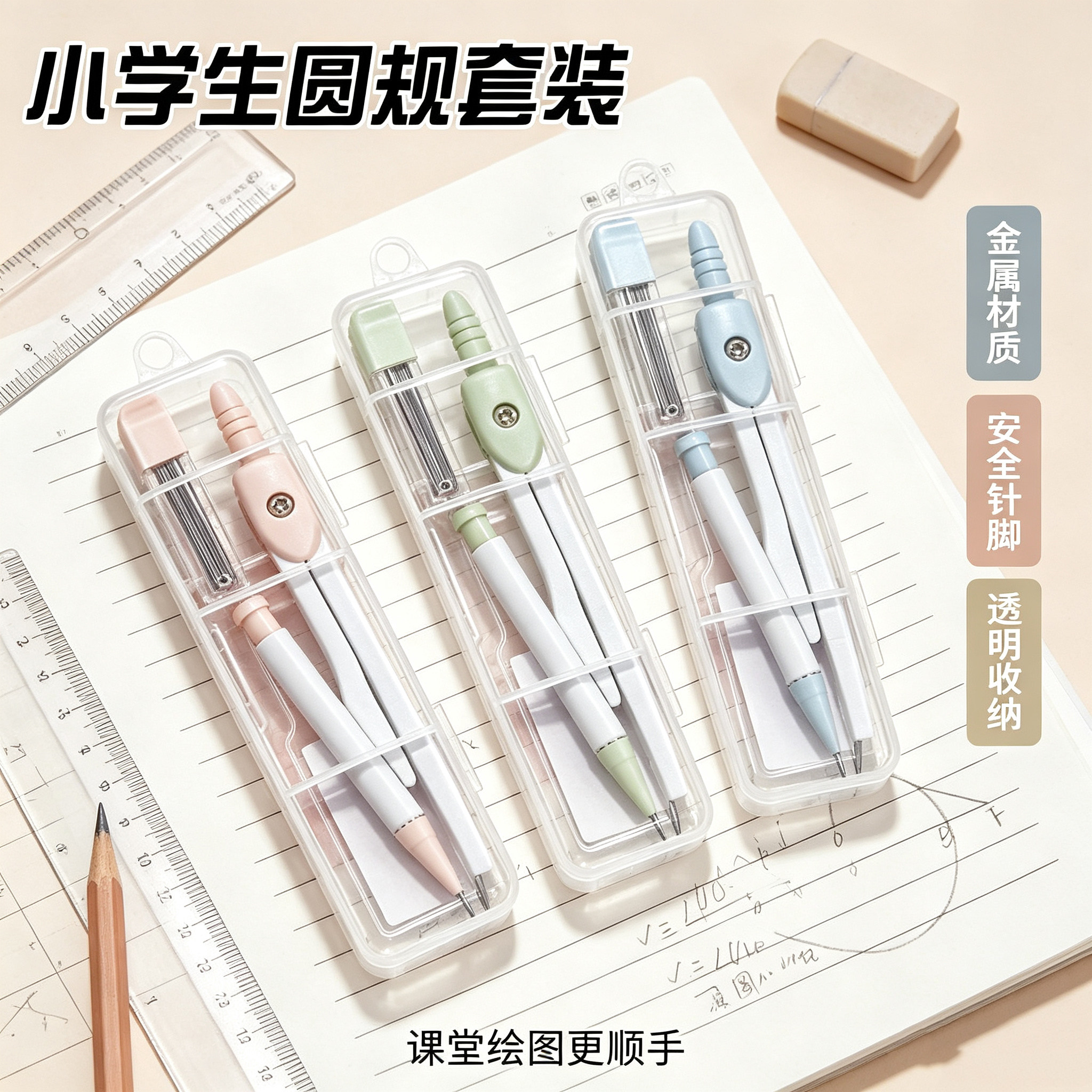 圆规套装小学生圆规套装金属材质安全针脚透明收纳盒绘图工具