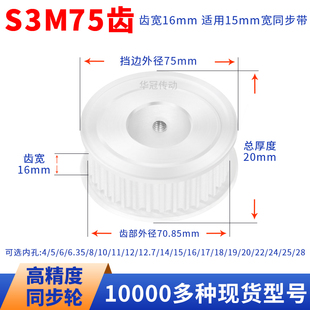 同步轮S3M75齿A齿宽16内孔81012141517192025S3M现货皮带同步带轮