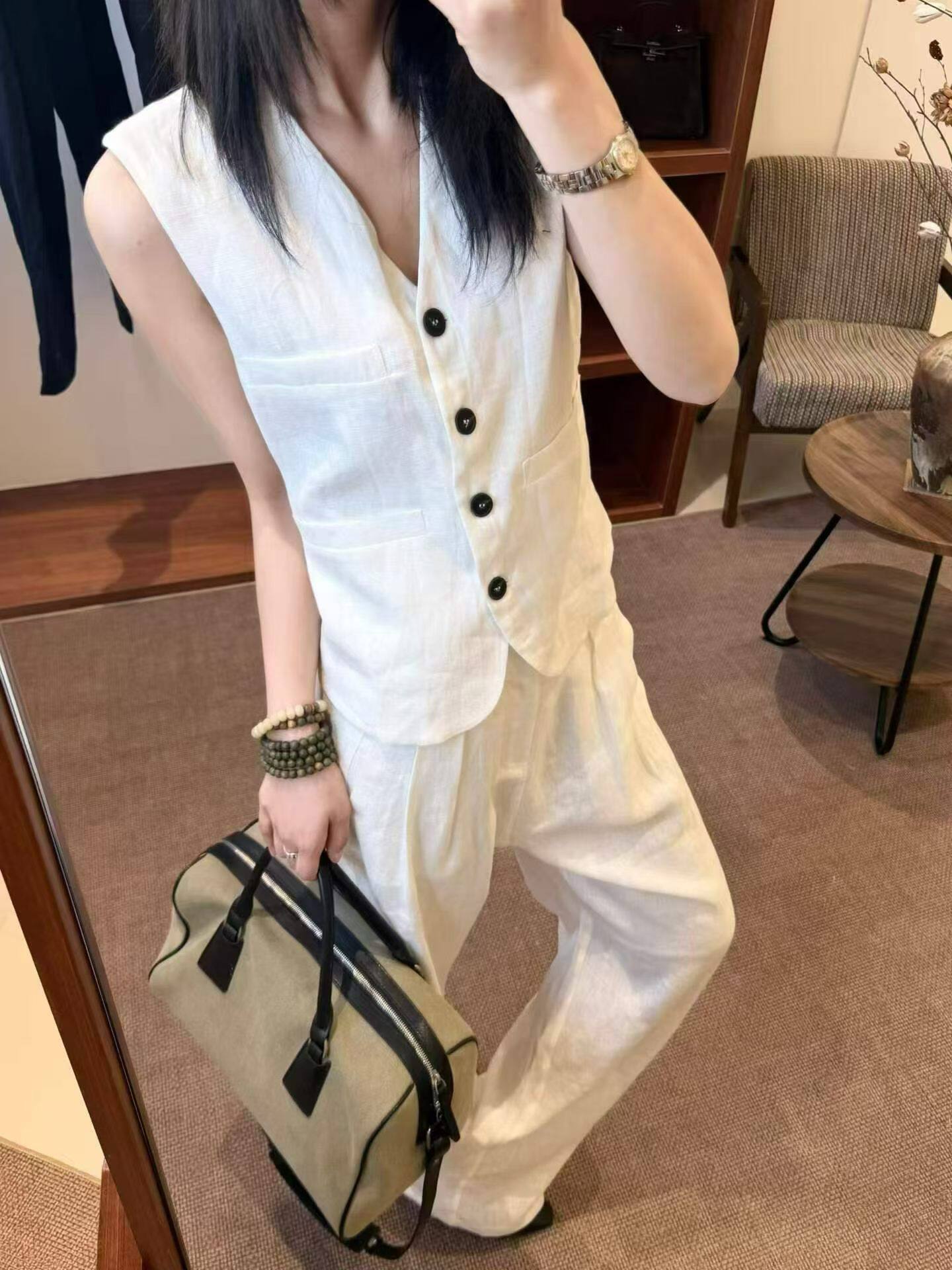 2026夏亚麻马甲直筒裤女两件套