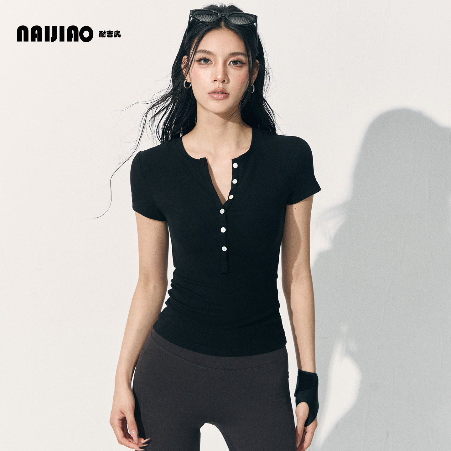 耐吉奥正肩短袖t恤女修身亨利领气质瑜伽普拉提健身运动上衣