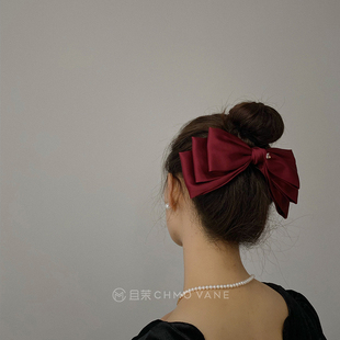 头饰 高级酒红缎面蝴蝶结发夹女顶夹2021年新款 且茉 有形不软榻