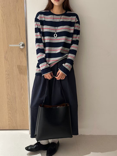 女条纹圆领长袖 T恤女宽松显瘦百搭打底外穿上衣 新款 Nm2025秋季