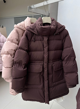 DK时尚连帽侧收腰中长款羽绒服女冬季新品保暖白鸭绒外套粉色红咖