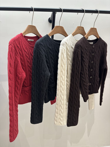 hygge全羊毛秋冬加厚圆领红色灰色米白咖麻花纹羊毛开衫上衣外套