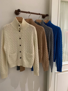 Sea设计感韩女立领翻领撞色扣麻花口袋针织毛衣外套女小个子开衫