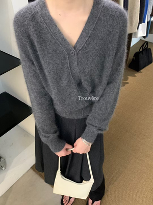 品质浣熊绒v领开衫毛衣女韩版秋冬慵懒软糯灰色针织衫外套三色入