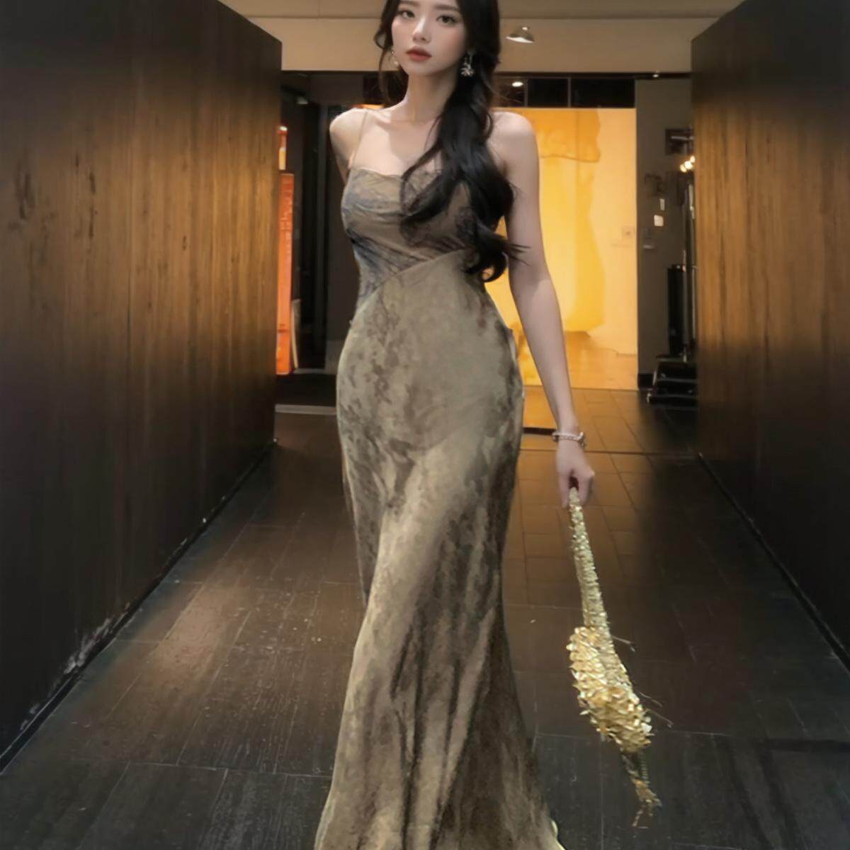 MOSS STUDIO【墨花微敛】女装国风新中式大A摆暗纹吊带长款连衣裙
