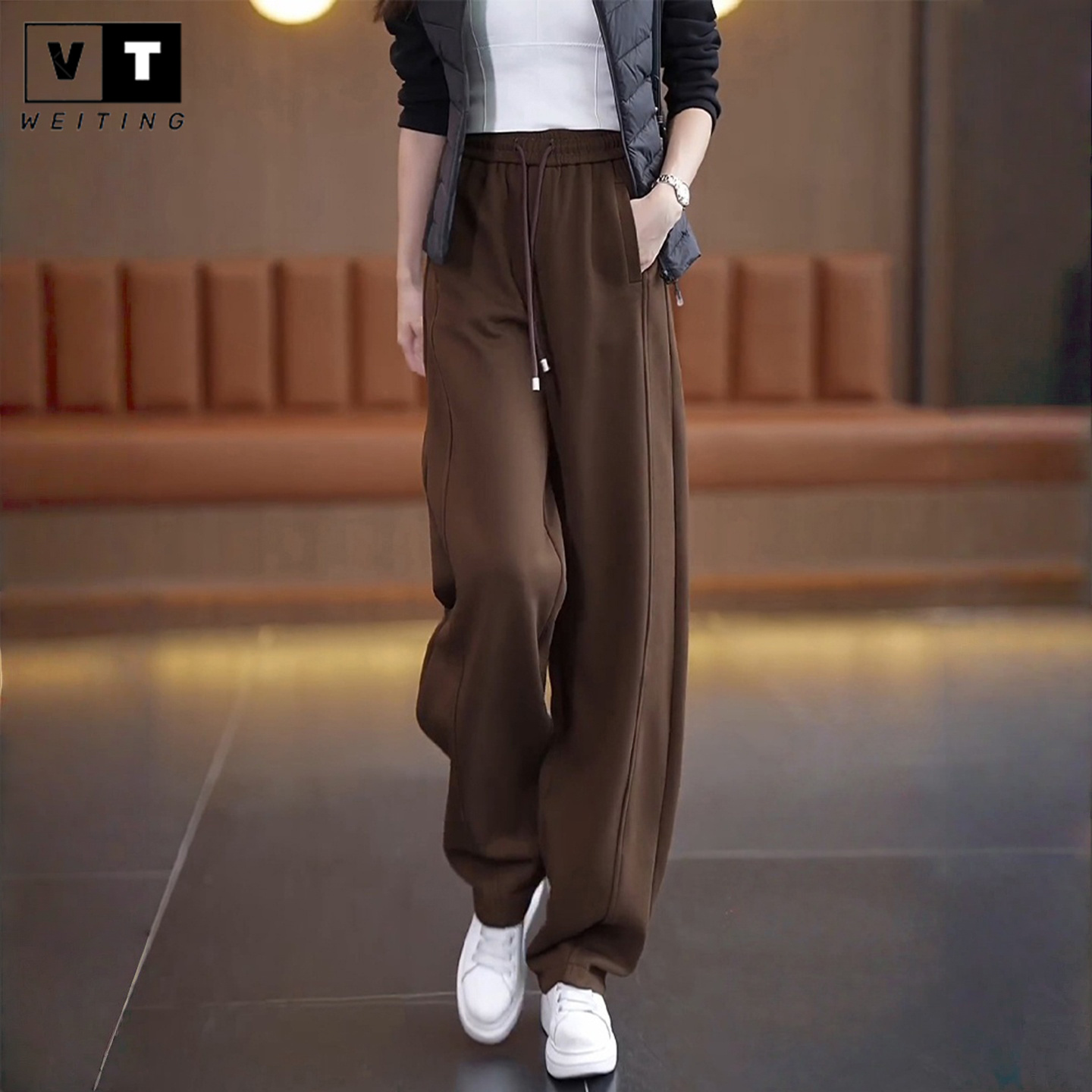 WEI TING加绒卫裤香蕉裤女秋冬款高腰垂感阔腿裤女士直筒运动裤