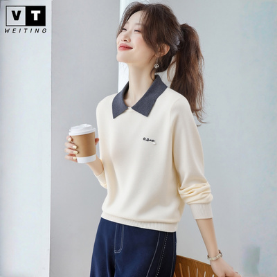 WEI TING假两件翻领针织衫女短款春秋装2025新款洋气休闲百搭上衣