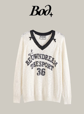 BOD+春季新款美式复古风蝴蝶结V领字母针织衫宽松显瘦撞色上衣