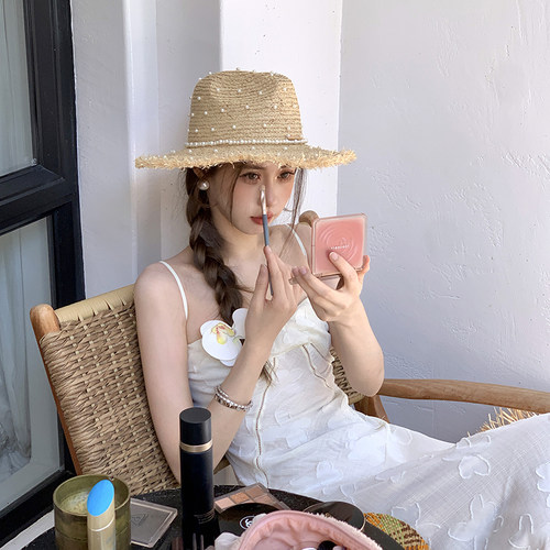 Balloon ss 珍珠拉菲草帽出游度假手缝珍珠爵士帽百搭拉菲草帽女