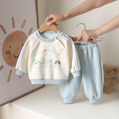 婴儿春秋韩版七彩小房子套装秋季新款棉小女宝上衣裤子两件套秋