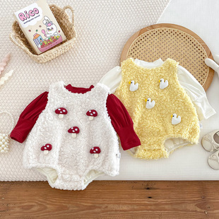 点兮婴儿秋冬套装衣服新品加绒包屁连体衣小月龄宝宝冬装背带哈衣