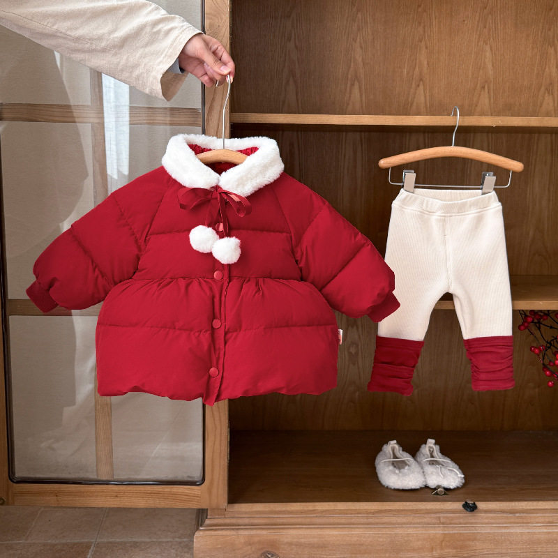 婴儿衣服棉服冬季女宝宝套装加厚新款洋气过年一岁冬款喜庆两件套