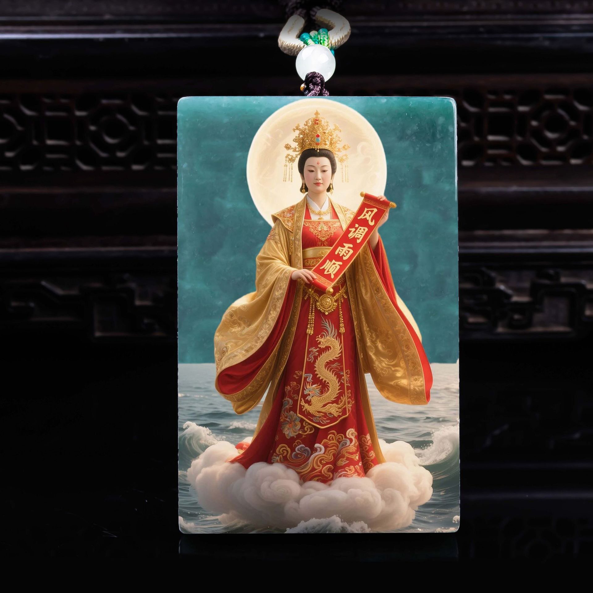 天然A货翡翠妈祖牌精工超清喷绘高冰种老玉石吊坠挂件