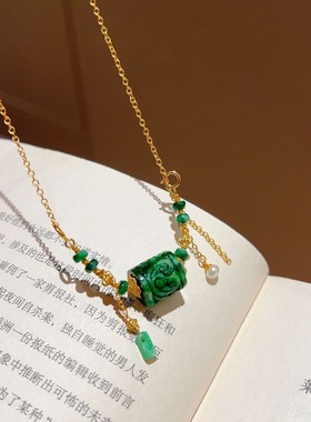 天然A货辣绿翡翠回纹珠桶珠锁骨链 翡翠盘珠翡翠万能链多功能链