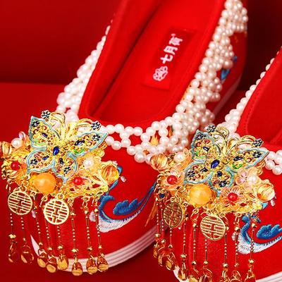 加绒七月荷串珠中式婚鞋秀禾鞋红