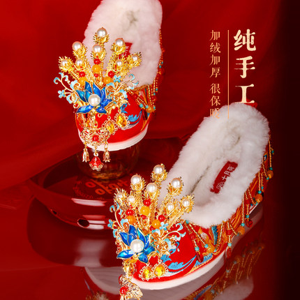 多款秋冬加绒保暖婚鞋古风明制婚礼绣鞋中式秀禾婚鞋女平底结婚红