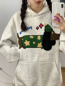 设计感刺绣腊肠狗连帽卫衣女春秋美式潮牌oversize慵懒风上衣外套