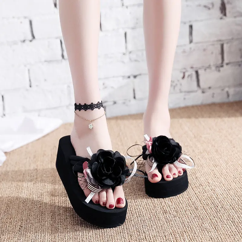 高跟人字拖女夏时尚夹脚海边度假拖鞋花朵休闲防滑外穿厚底沙滩鞋,女鞋,人字拖,淘宝优惠券,粉丝福利购,淘宝优惠卷