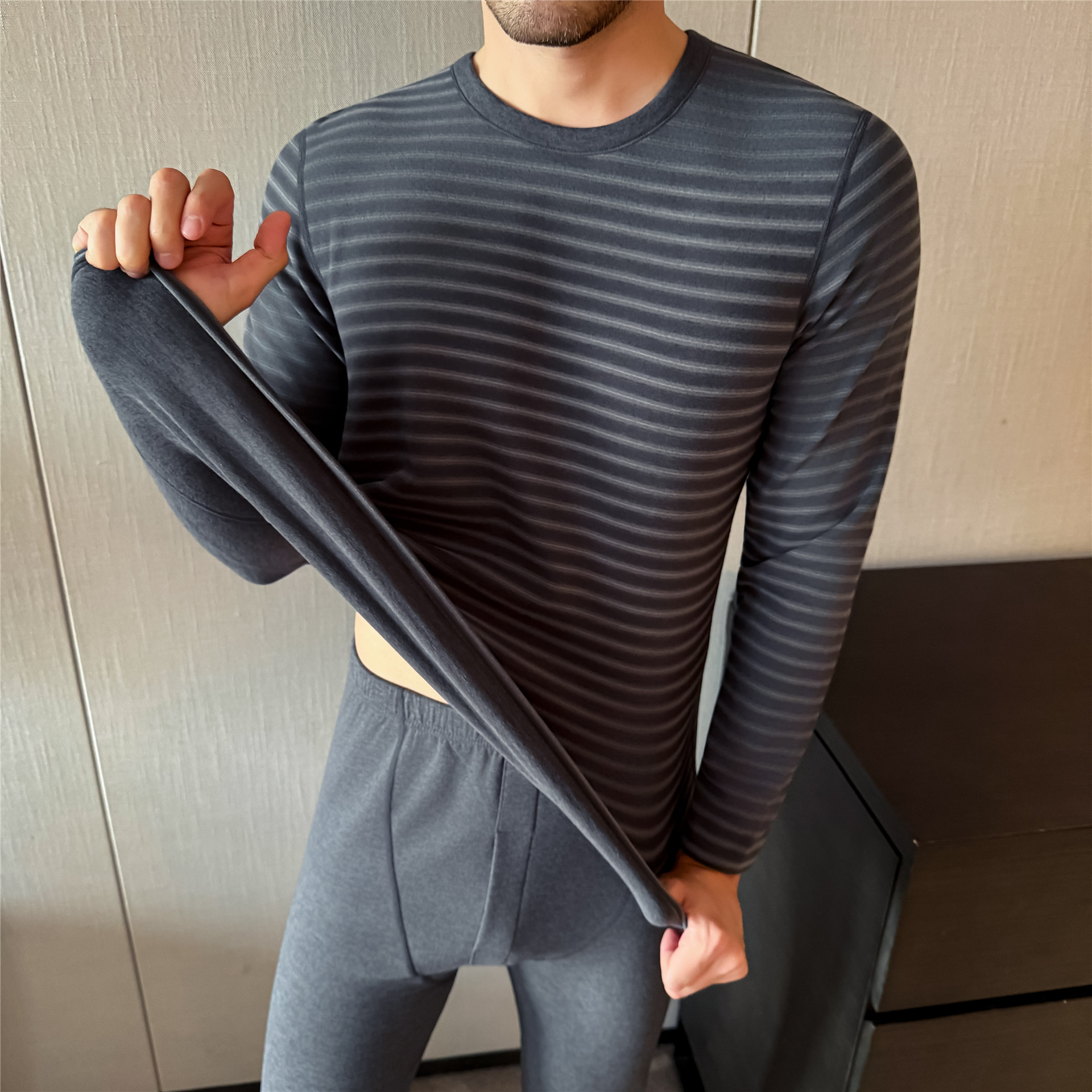 双面德绒弹力保暖内衣套装男款秋冬条纹加厚亲肤保暖秋衣秋裤一套