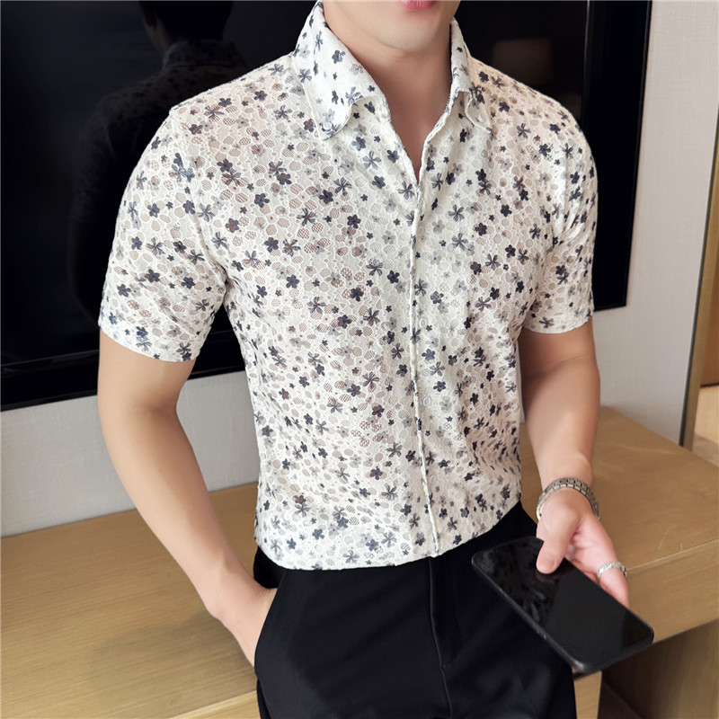 意式大V领短袖蕾丝镂空时尚印花男装衬衫休闲痞帅夏季潮流花衬衣