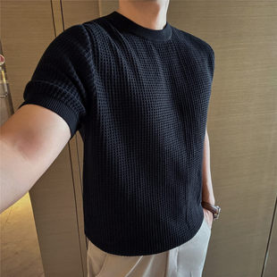 纯棉亲肤舒适男装华夫格肌理感针织短袖弹力打底衫加厚款半袖毛衣