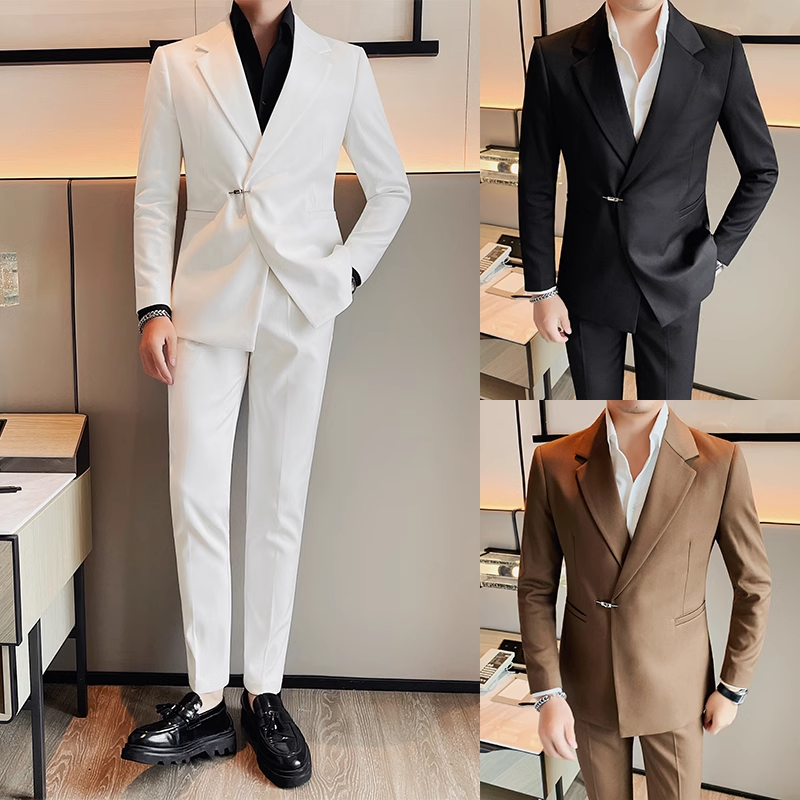 秋冬加厚时尚侧扣西服男套装高级感潮流痞帅主持人休闲西装两件套,男装,西服套装,淘宝优惠券,粉丝福利购,淘宝优惠卷