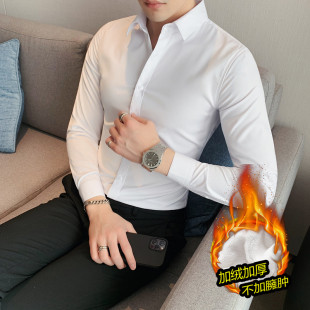 男士 长袖 商务休闲纯白色衬衫 加绒加厚正装 免烫抗皱衬衣 修身 秋冬季