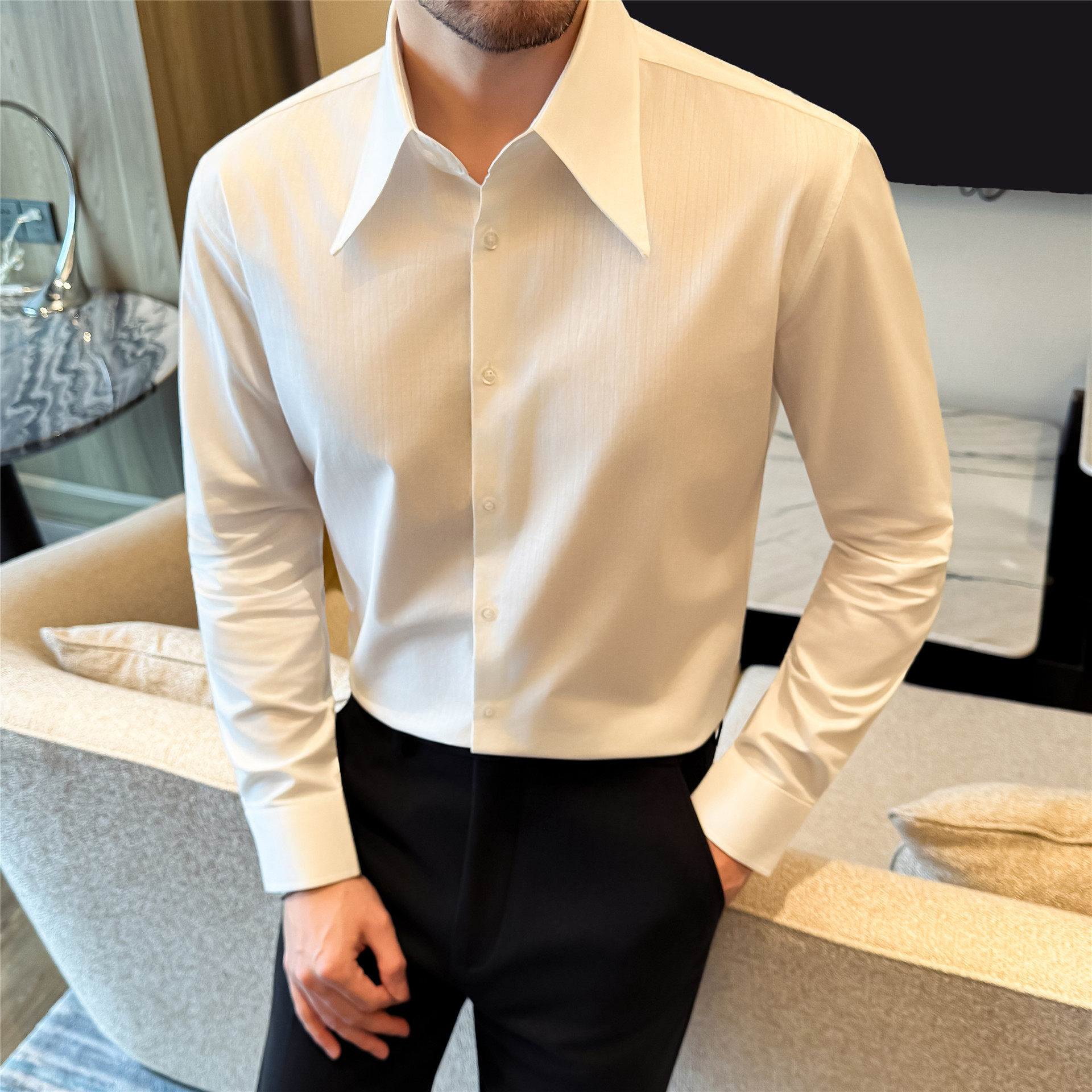 莱赛尔棉法式大尖领衬衣男商务正装高级感宴会衬衫礼服暗条纹长袖,男装,衬衫,淘宝优惠券,粉丝福利购,淘宝优惠卷