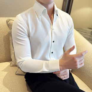 华夫格加厚秋冬装V领衬衫男款修身痞帅长袖高级感休闲英伦衬衣潮