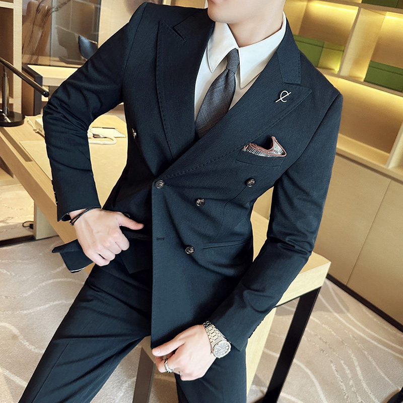 秋冬季双排扣新郎厚款西服男套装结婚礼服修身墨绿色休闲痞帅西装