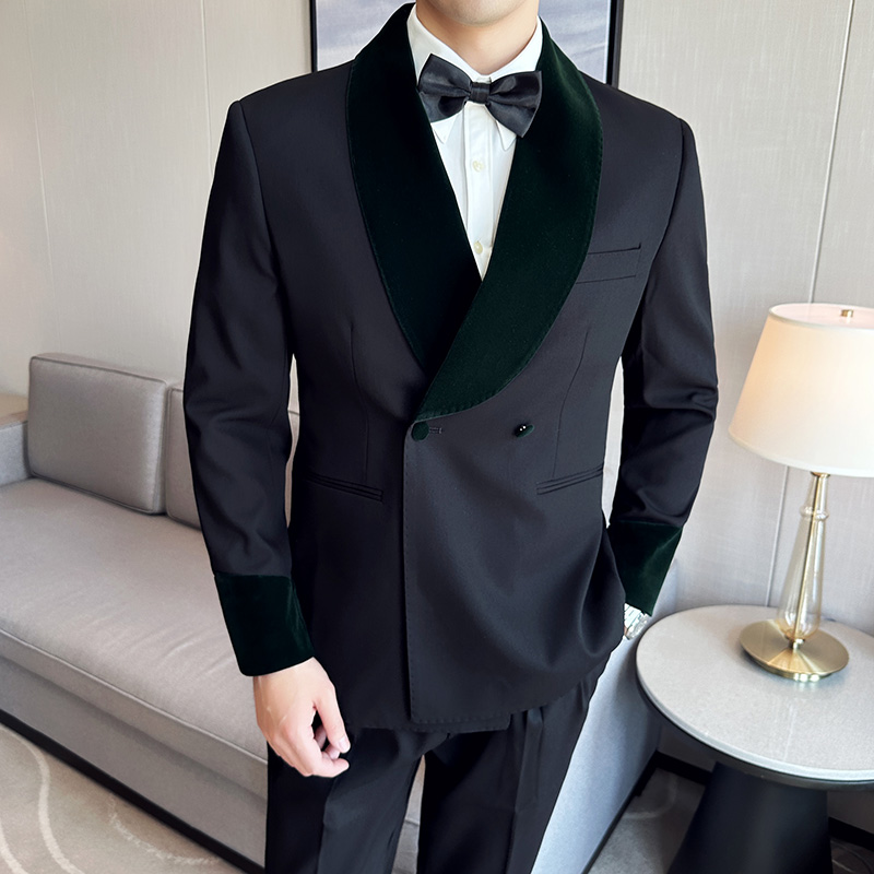 法式丝绒拼接青果领西服正装礼服