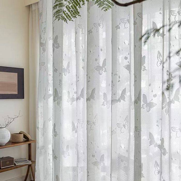 轻奢高端纯色蚕丝质感链条肌理纹窗纱透光不透人提花白纱窗帘卧室