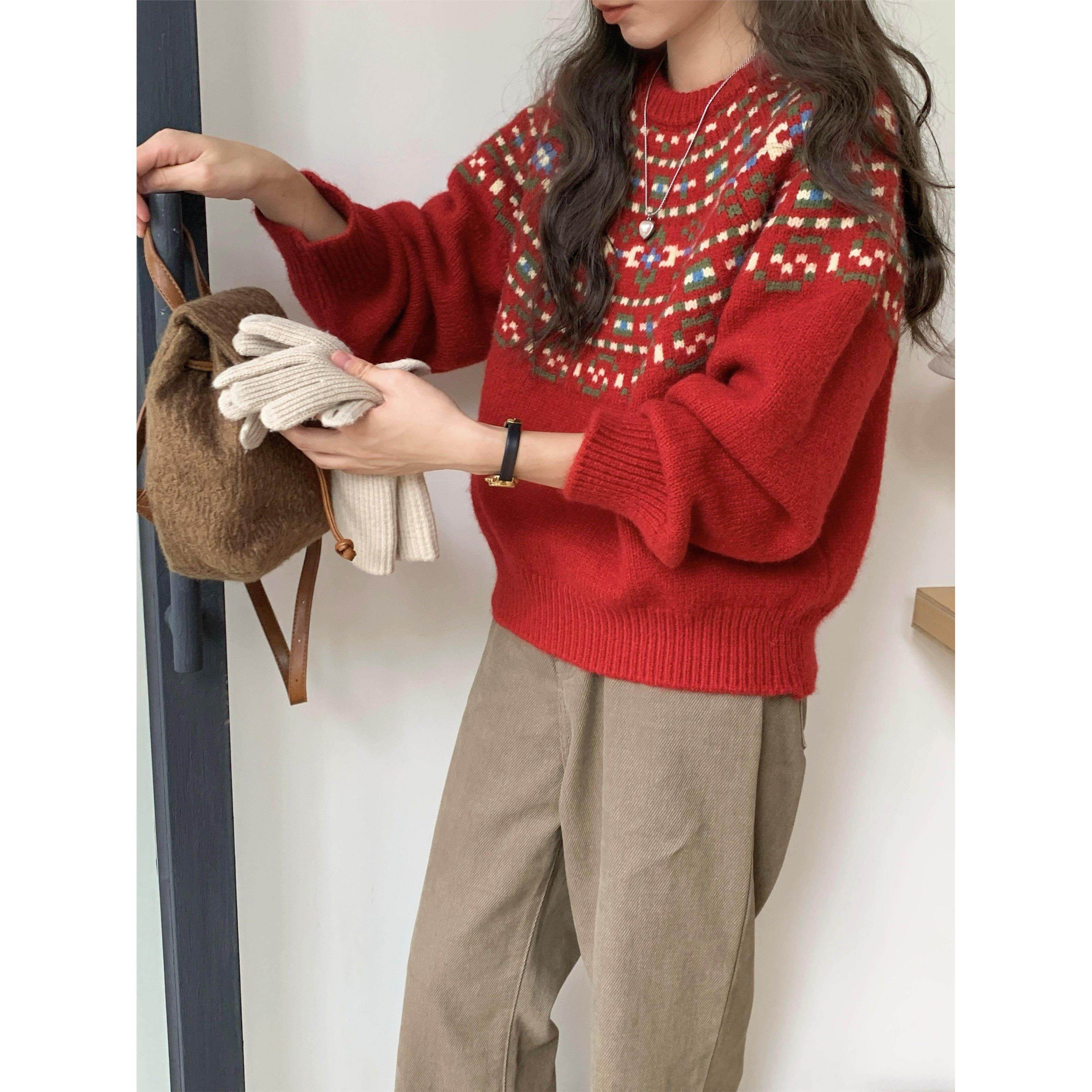 氛围感！圣诞红色覆古小个子慵懒风毛衣女宽松费尔岛小众秋冬上衣