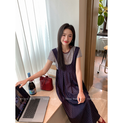【陈格格】蓝宝石海湾~复古甜美藏青波点叠穿休闲少女背心裙