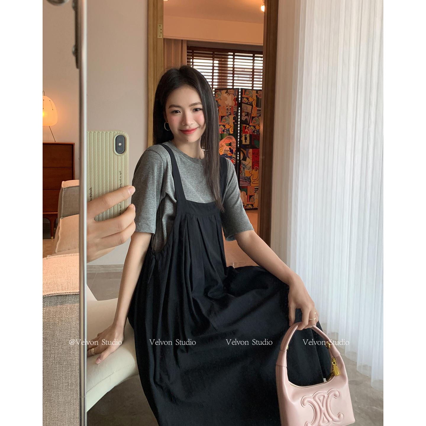 【陈格格】2025乖乖女~日式精致的休闲感黑色背带宽松连衣裙