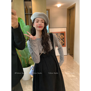 【陈格格】千禧心跳~圆领波点韩系黑色宽松a版减龄显瘦背带裙春夏