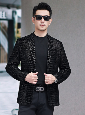 春秋款男士真皮皮衣鳄鱼纹西服商务休闲男装中年爸爸装夹克外套潮