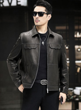中年男士真皮皮衣翻领简约商务休闲装口袋装饰春秋季薄款短装外套