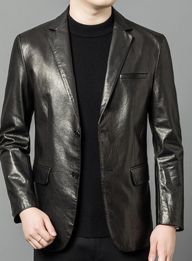 真皮皮衣男春秋冬季新款高端油蜡羊皮外套时尚西装领休闲单西服