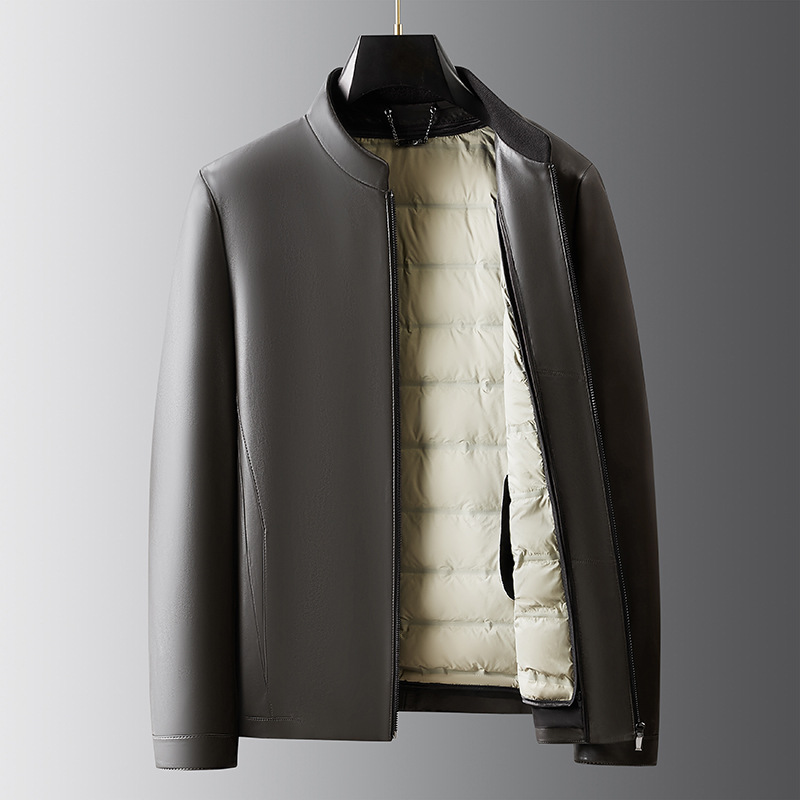 秋冬新款海宁真皮皮衣男中年商务休闲立领拉链外套绵羊皮羽绒服厚