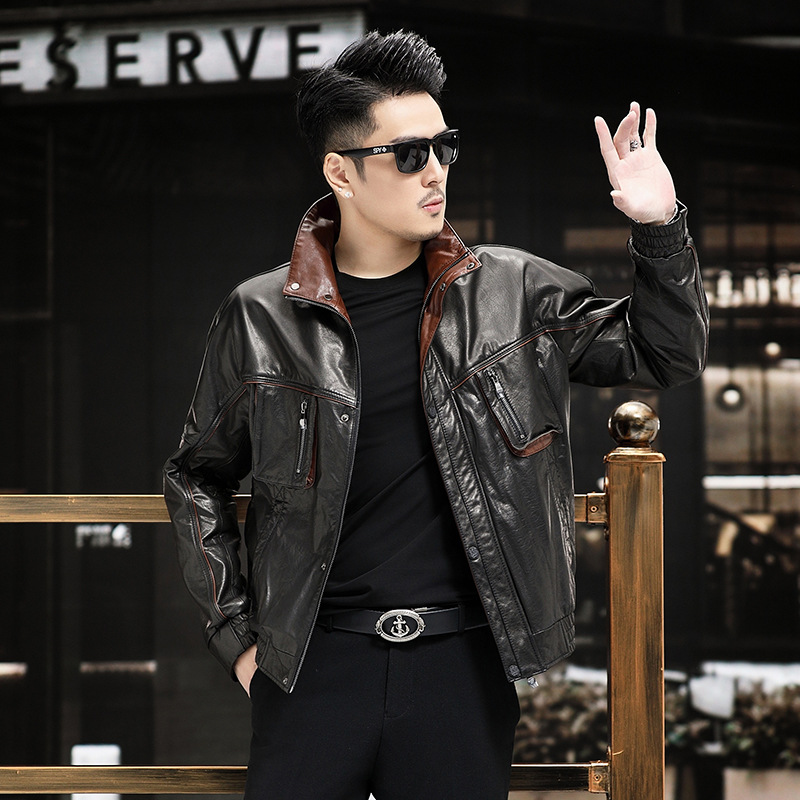 秋冬新款海宁真皮皮衣男油蜡牛皮皮衣宽松青年男装猎装短款皮夹克